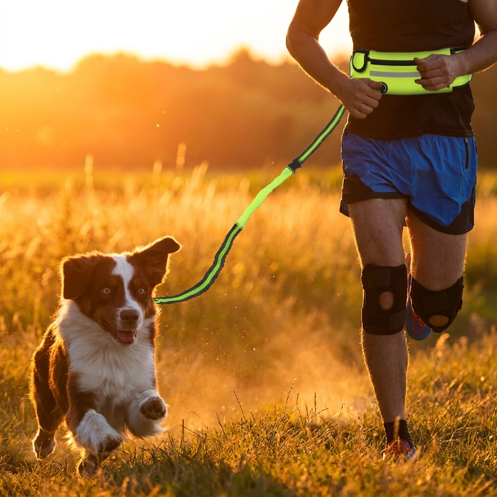 Jogging with a dog on the bungee leash at sunset