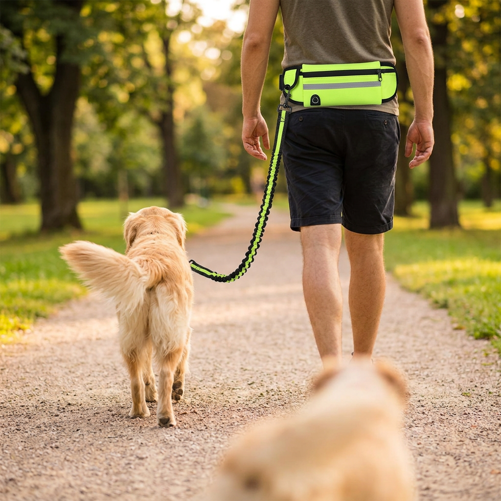 Walking a golden retriever hands free on a sunlit park path