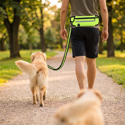 Walking a golden retriever hands free on a sunlit park path