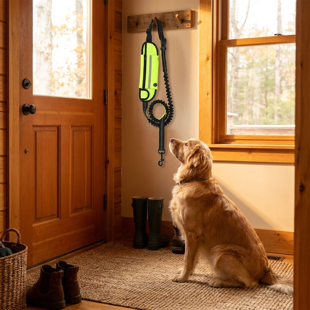 Leash hanging by the front door with a dog waiting for a walk