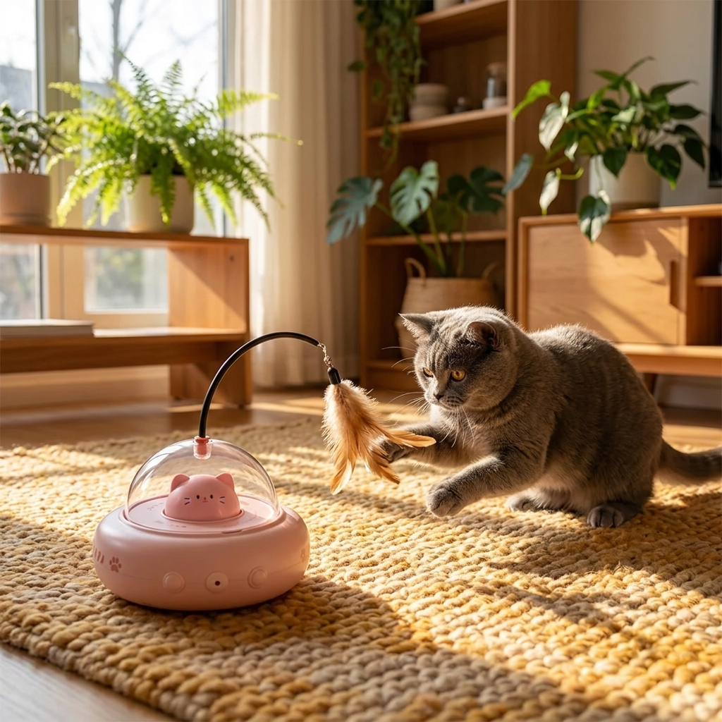 Cat pouncing at the feather in a sunlit living room