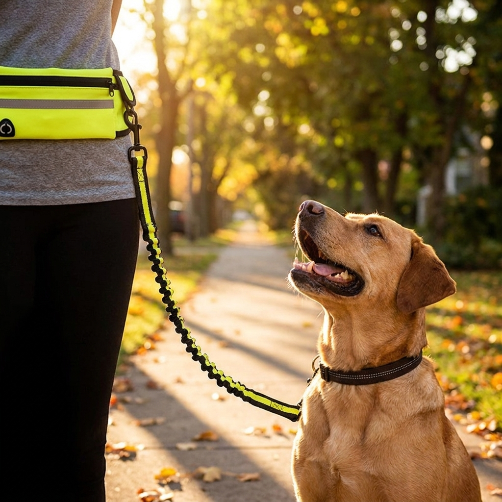 Belt worn at the waist with the bungee leash clipped to a happy dog