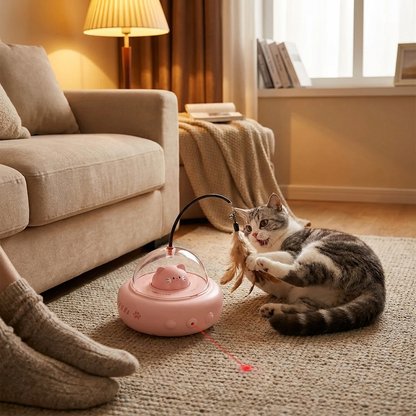 Cat playing with the toy on a cosy living room floor