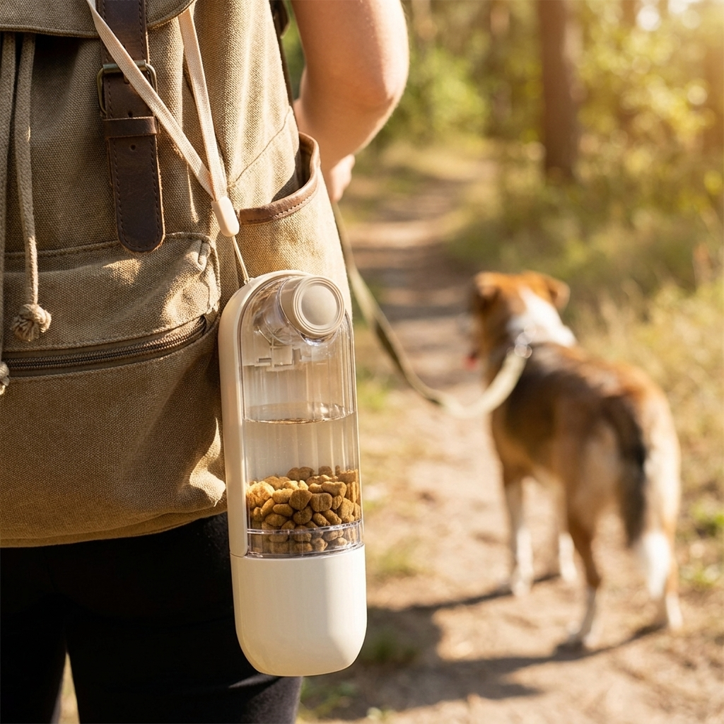 Bottle clipped to a backpack strap on a walk