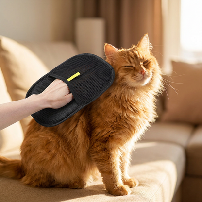 Grooming a happy ginger cat on a sunlit sofa