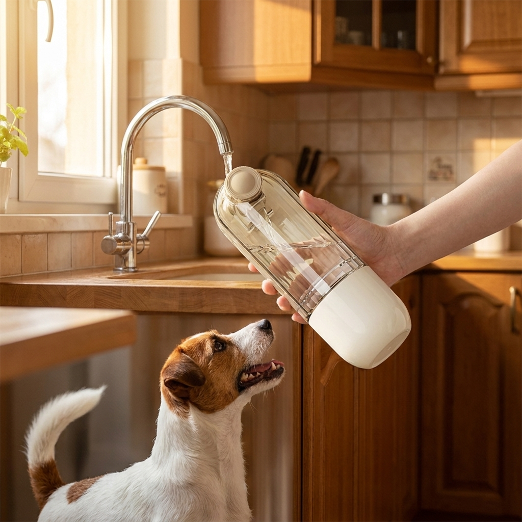 Filling the bottle at the kitchen tap with a dog waiting