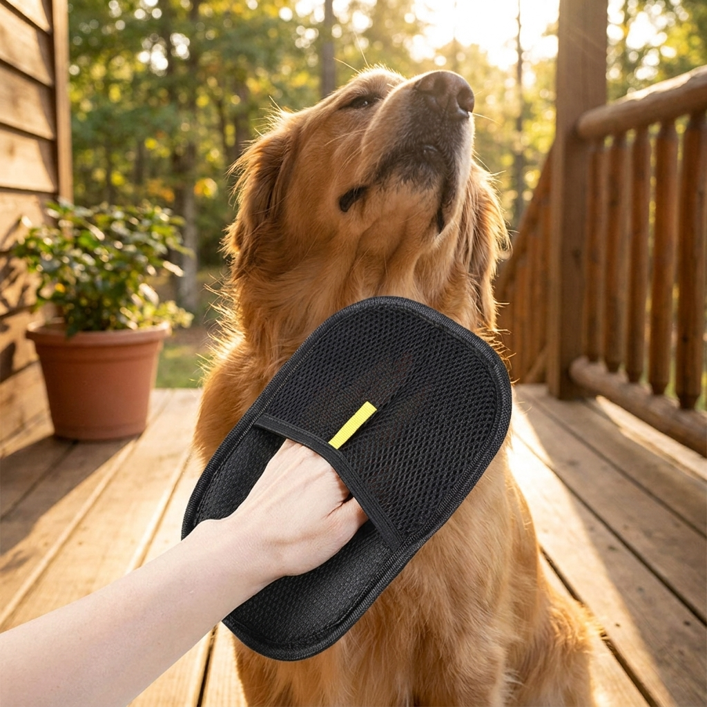 Grooming a fluffy dog on a sunny porch