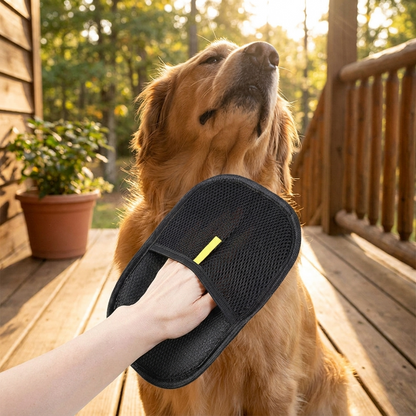 Grooming a fluffy dog on a sunny porch