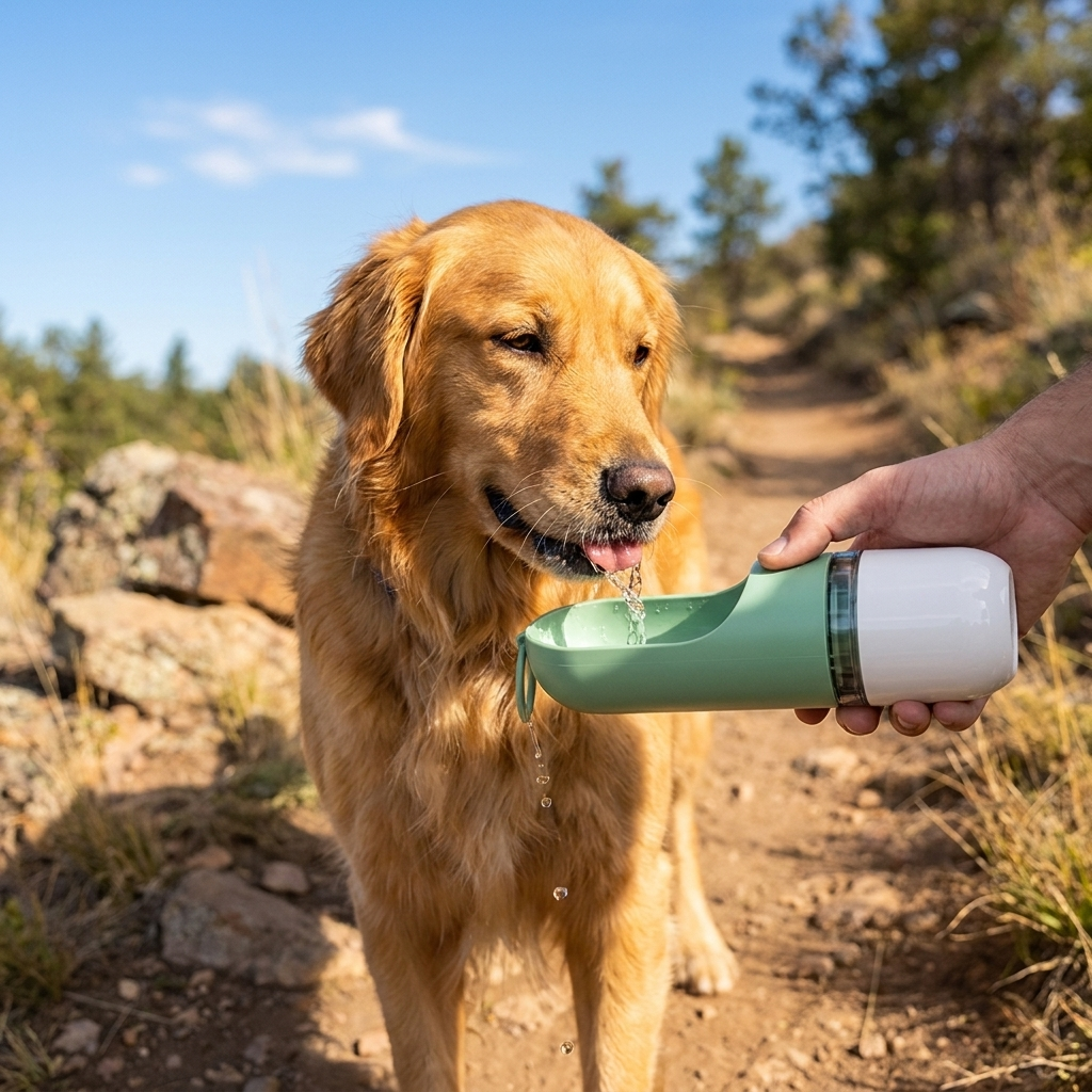 Golden retriever drinking from the bottle on a sunny trail