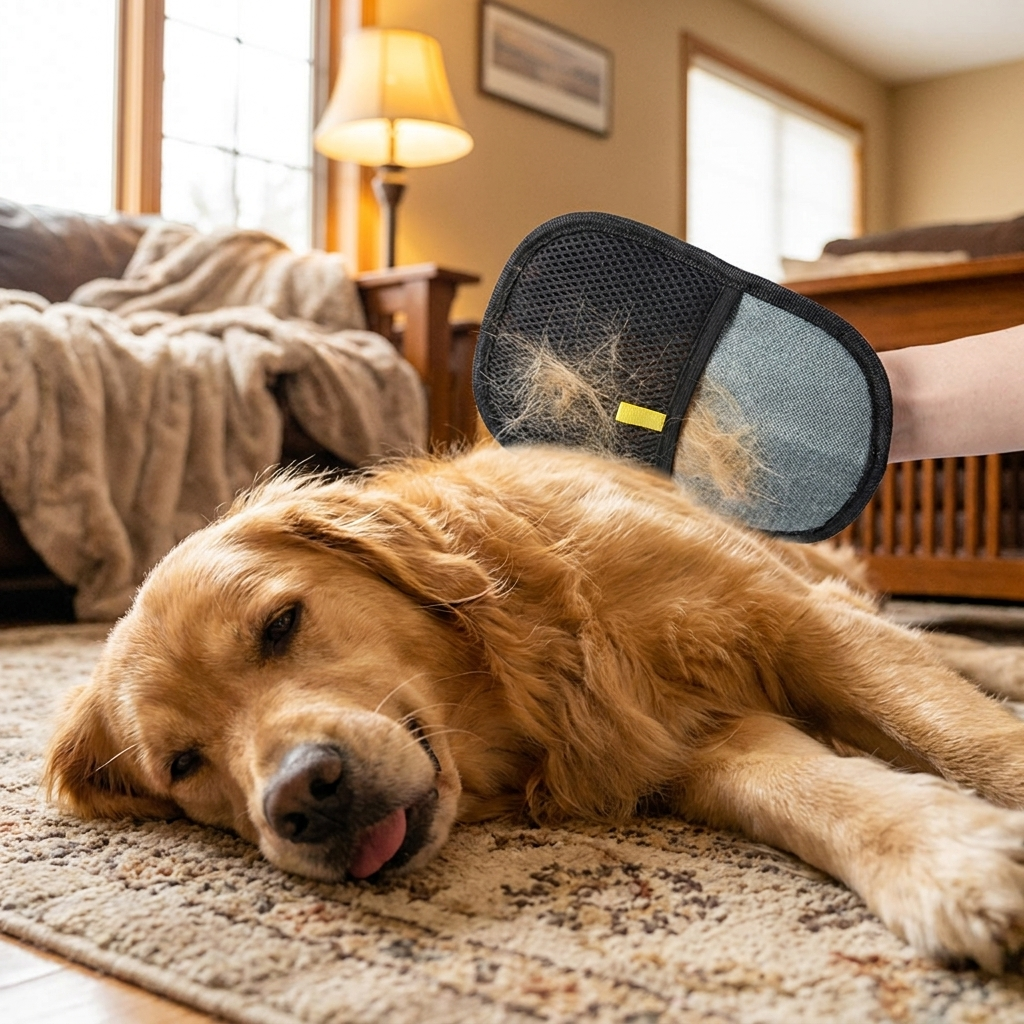 Grooming a relaxed golden retriever on a living room rug