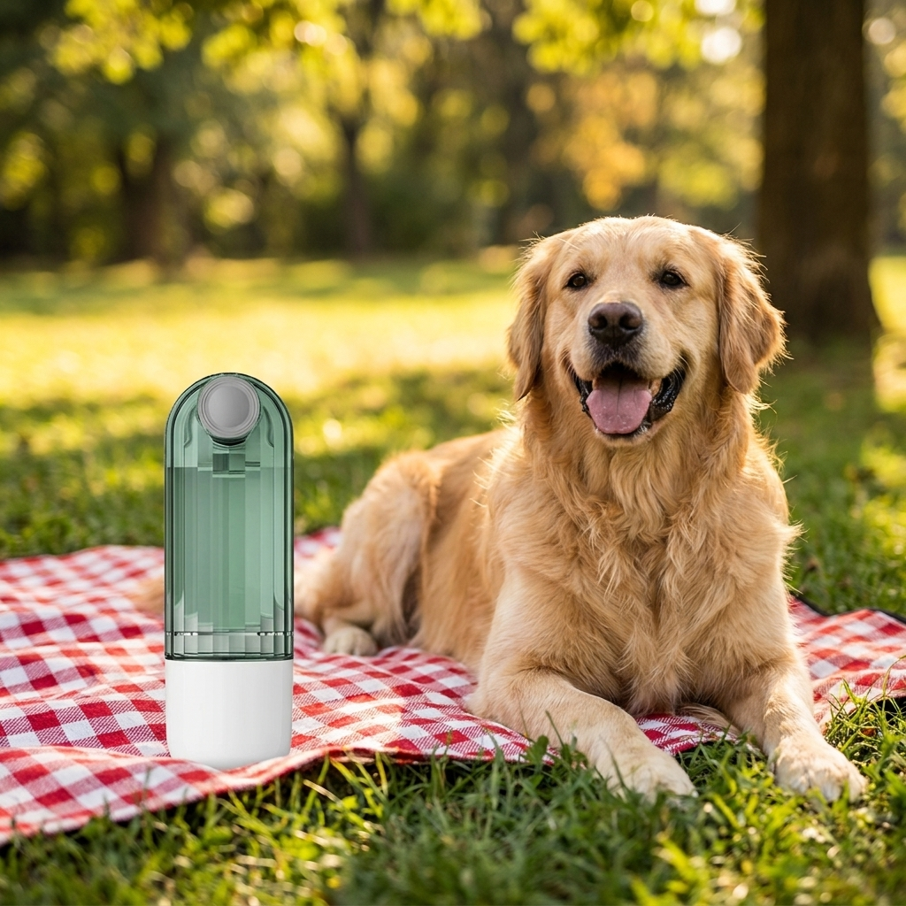Bottle on a picnic blanket beside a happy dog in the park