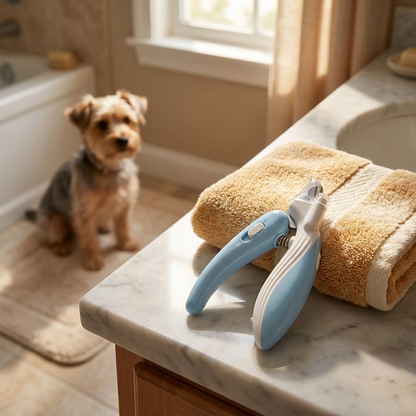 Clipper on a bathroom counter with a dog waiting