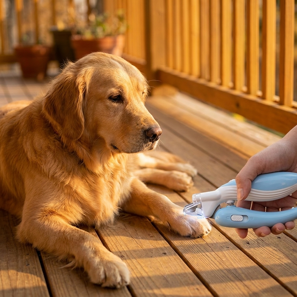 Trimming a golden retriever's nails on a sunny porch