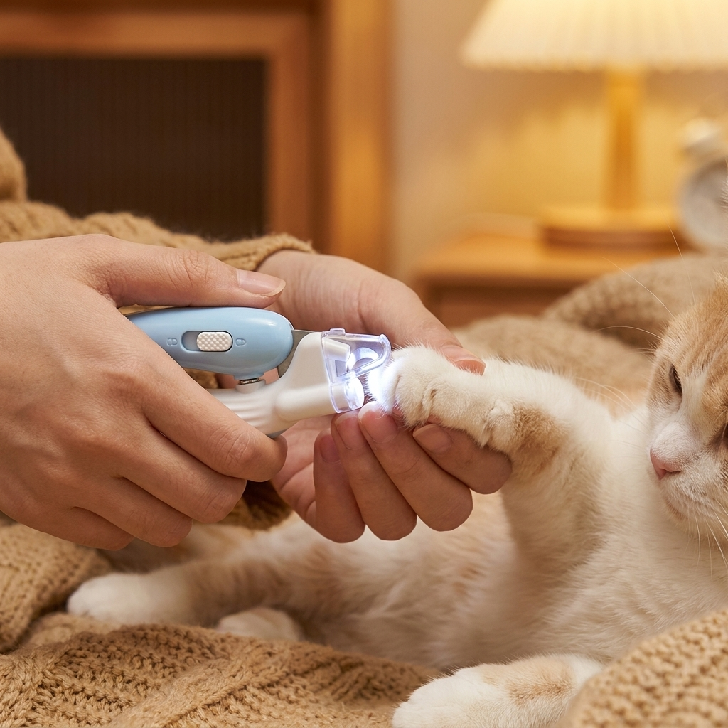 LED light illuminating the nail on a relaxed cat's paw