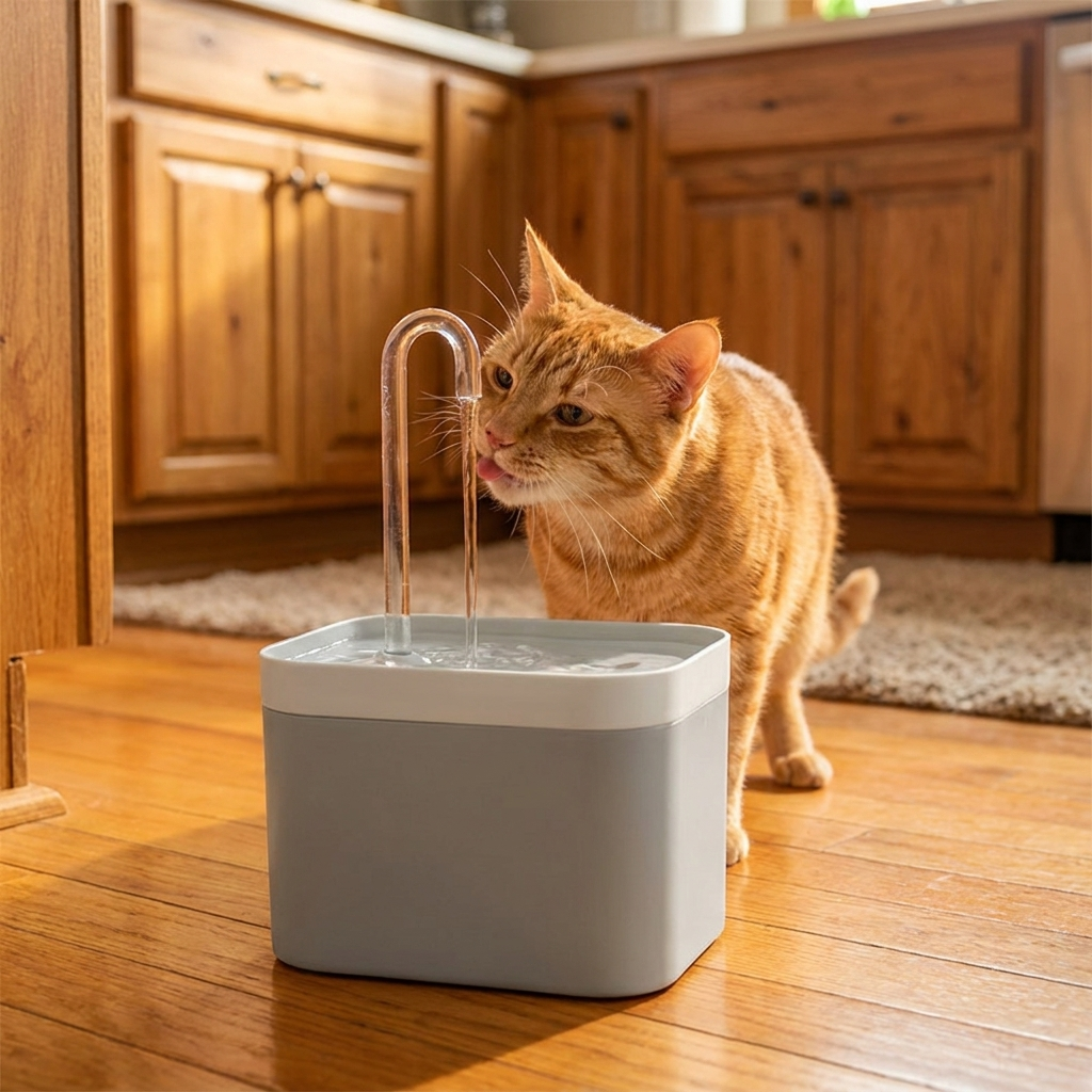 Ginger cat drinking from the fountain in a warm kitchen