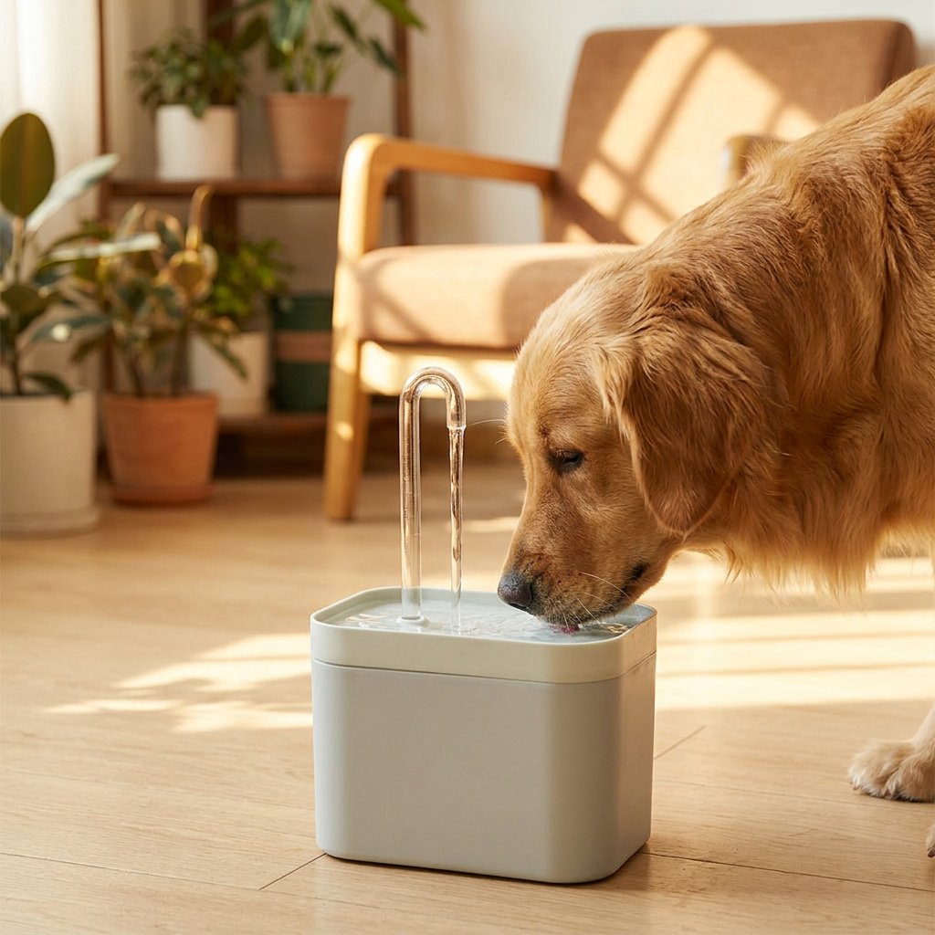 Golden retriever drinking from the fountain in a sunlit living room