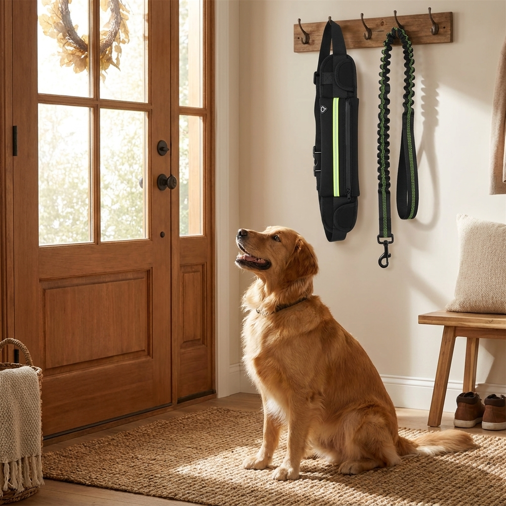 Belt and leash hanging by the front door with a dog waiting