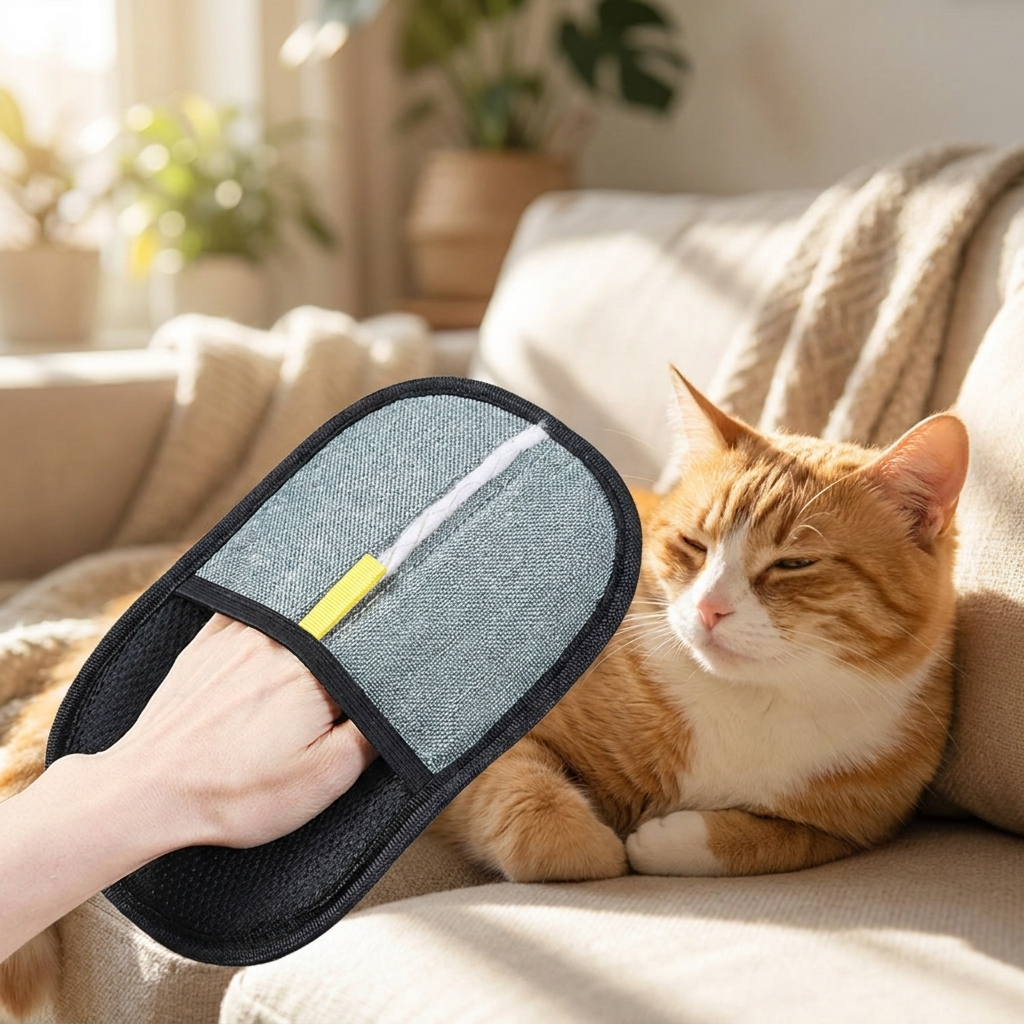 Grooming a ginger cat with the Sheddo cloth mitt on a sofa