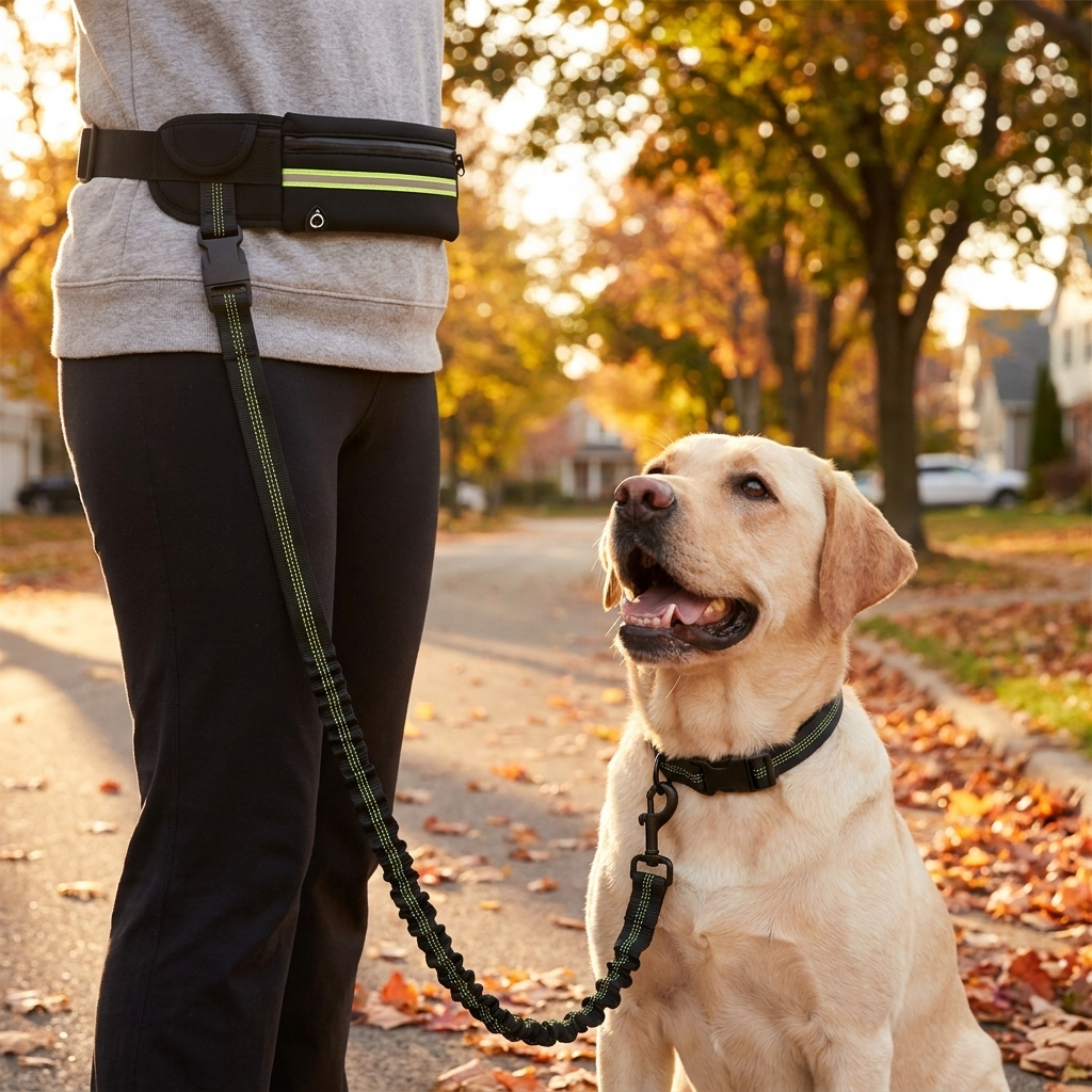 Waist belt and bungee leash in use with a labrador on an autumn street