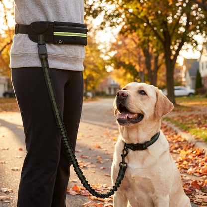 Waist belt and bungee leash in use with a labrador on an autumn street
