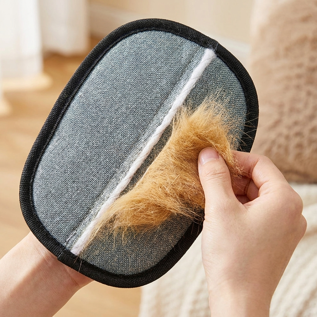 Peeling collected fur off the grey woven face of the Sheddo mitt
