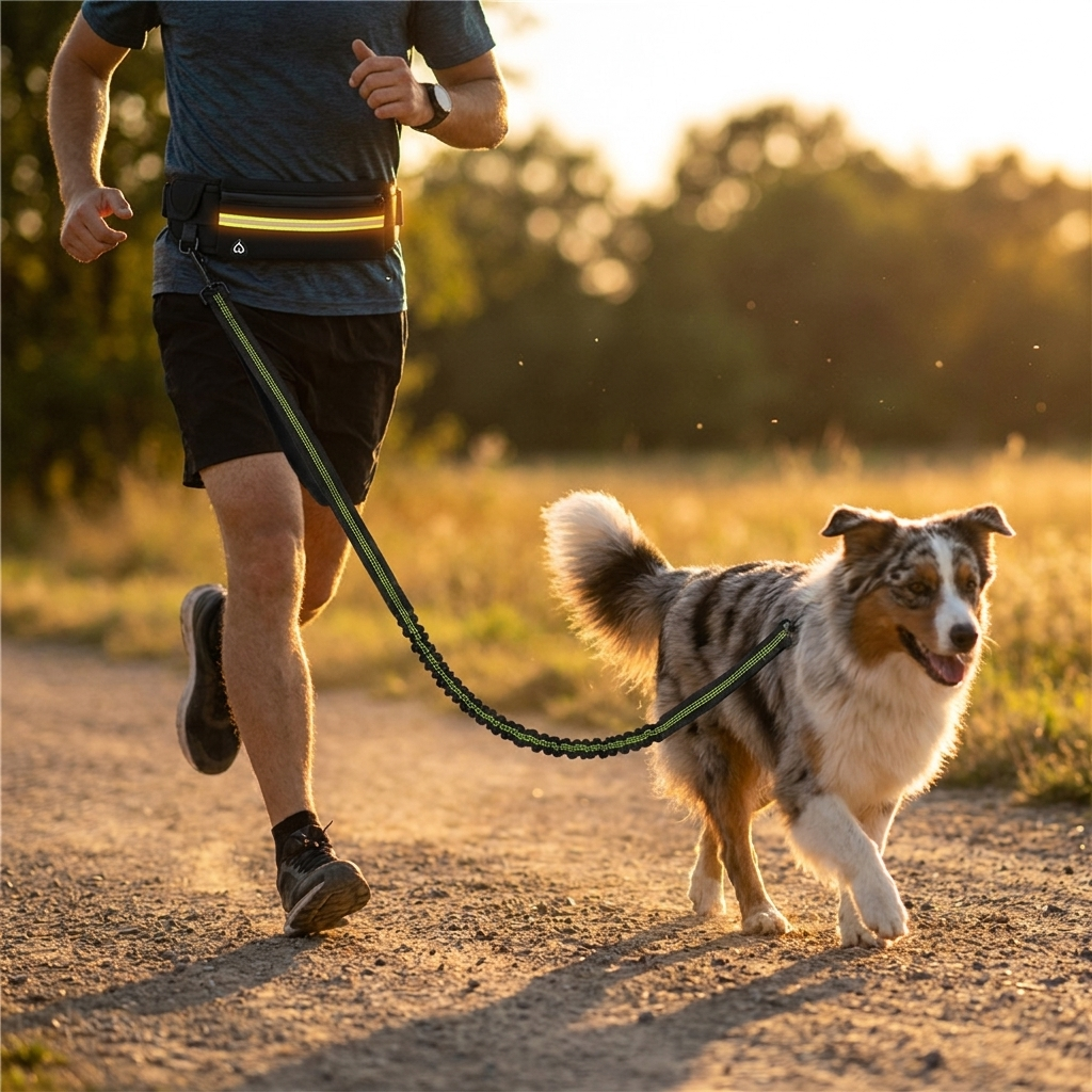 Running with a dog on the shock absorbing bungee leash at sunset