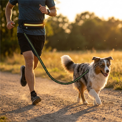 Running with a dog on the shock absorbing bungee leash at sunset