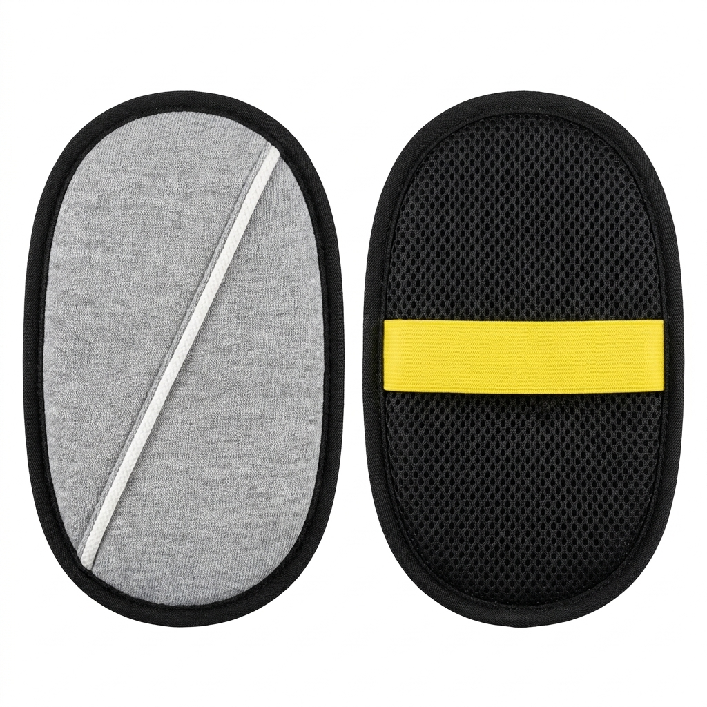 Sheddo cloth grooming mitt, grey woven face and black mesh back with yellow strap