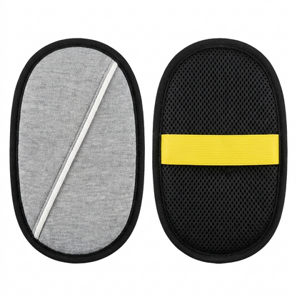 Sheddo cloth grooming mitt, grey woven face and black mesh back with yellow strap