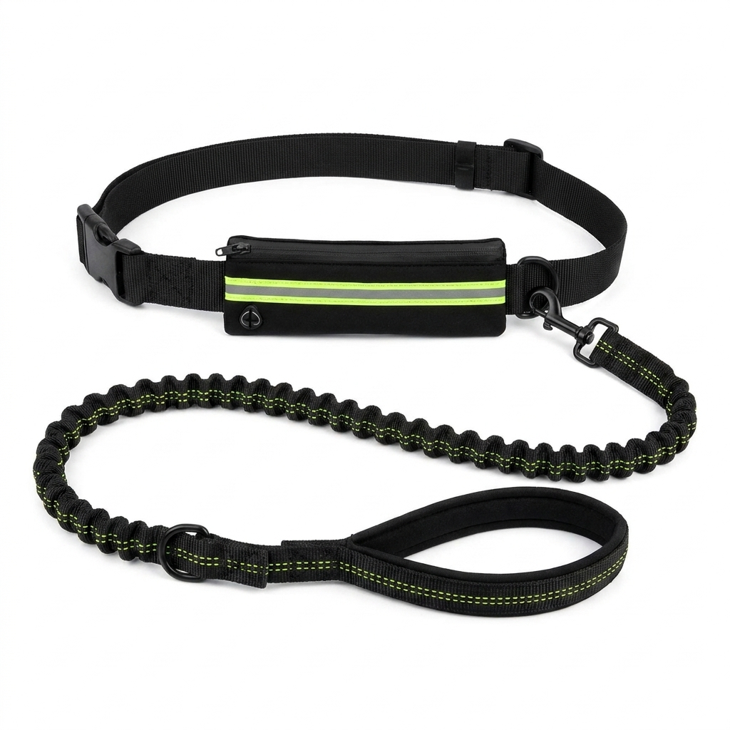 Roamly black hands free waist belt and black bungee dog leash with reflective trim