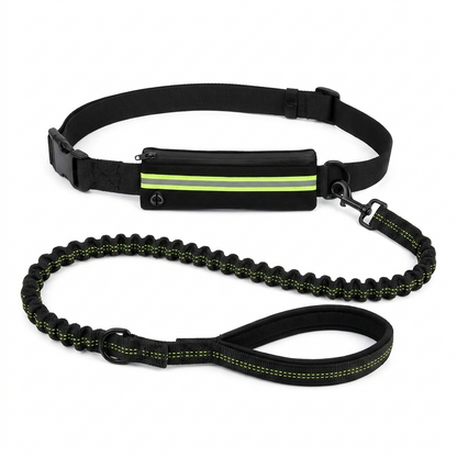 Roamly black hands free waist belt and black bungee dog leash with reflective trim
