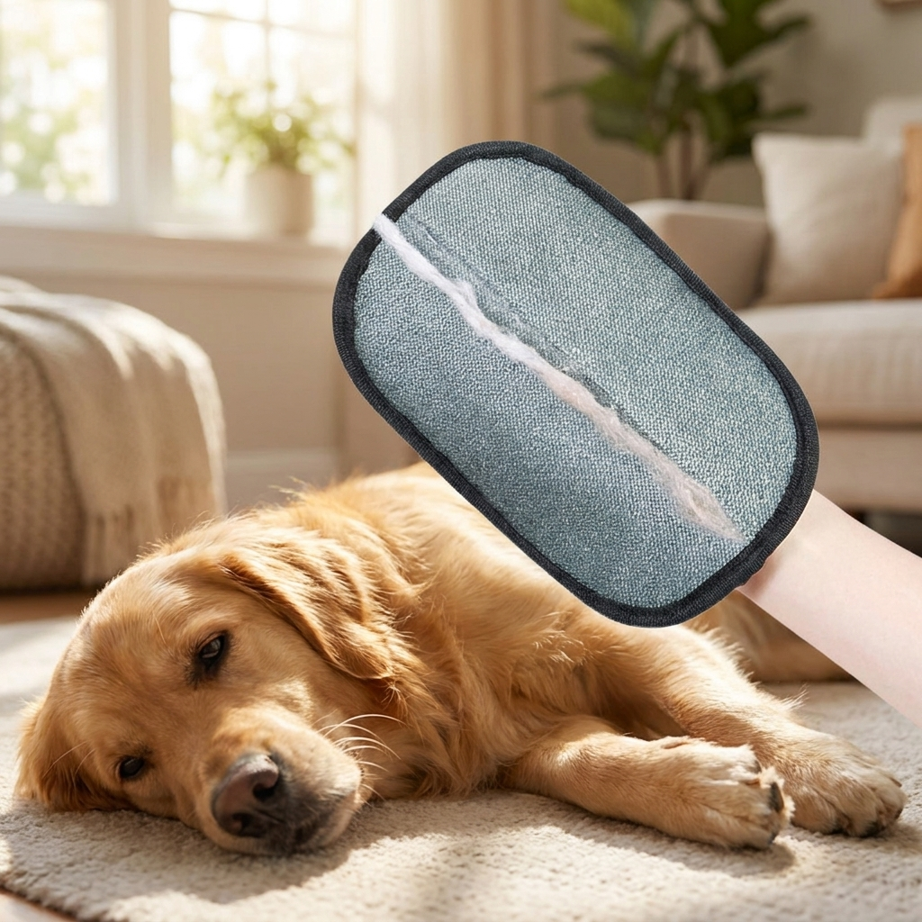 Grooming a golden retriever with the Sheddo cloth mitt in a sunlit living room