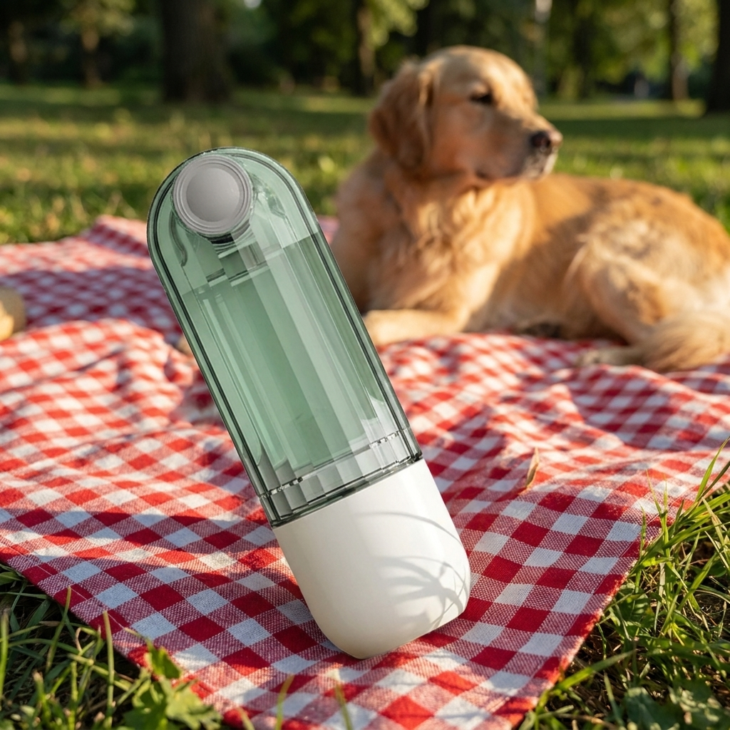 Trailsip bottle on a checkered picnic blanket beside a golden retriever