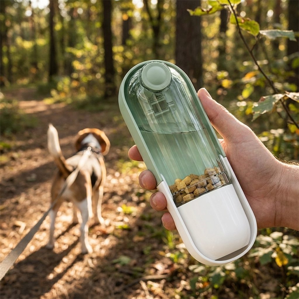 Carrying the Trailsip bottle with water above and treats below on a woodland walk