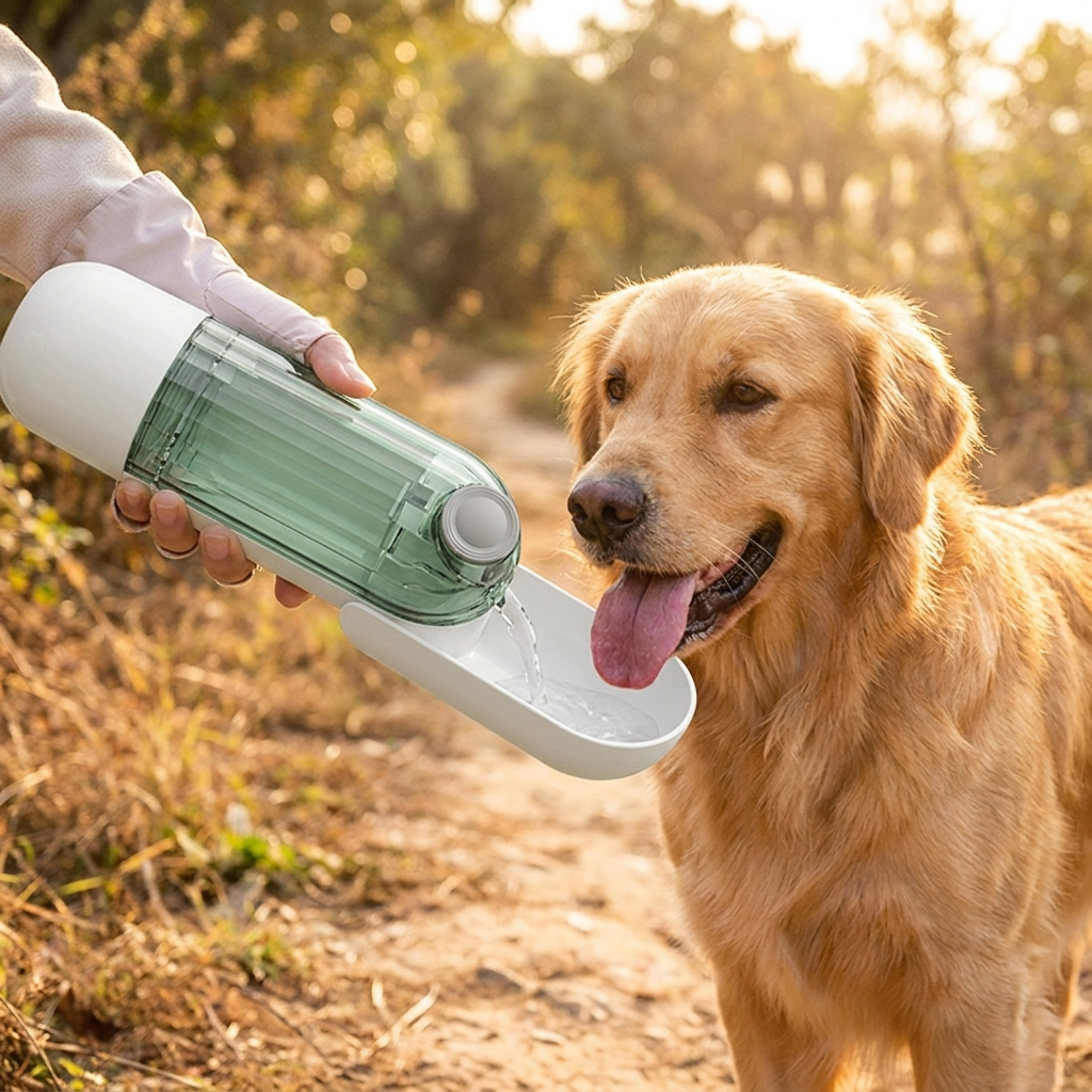 Golden retriever drinking from the fold out trough on a sunlit trail