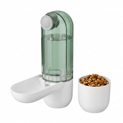 Trailsip 2 in 1 dog bottle with the fold out drinking trough open and the separate treat chamber filled with kibble