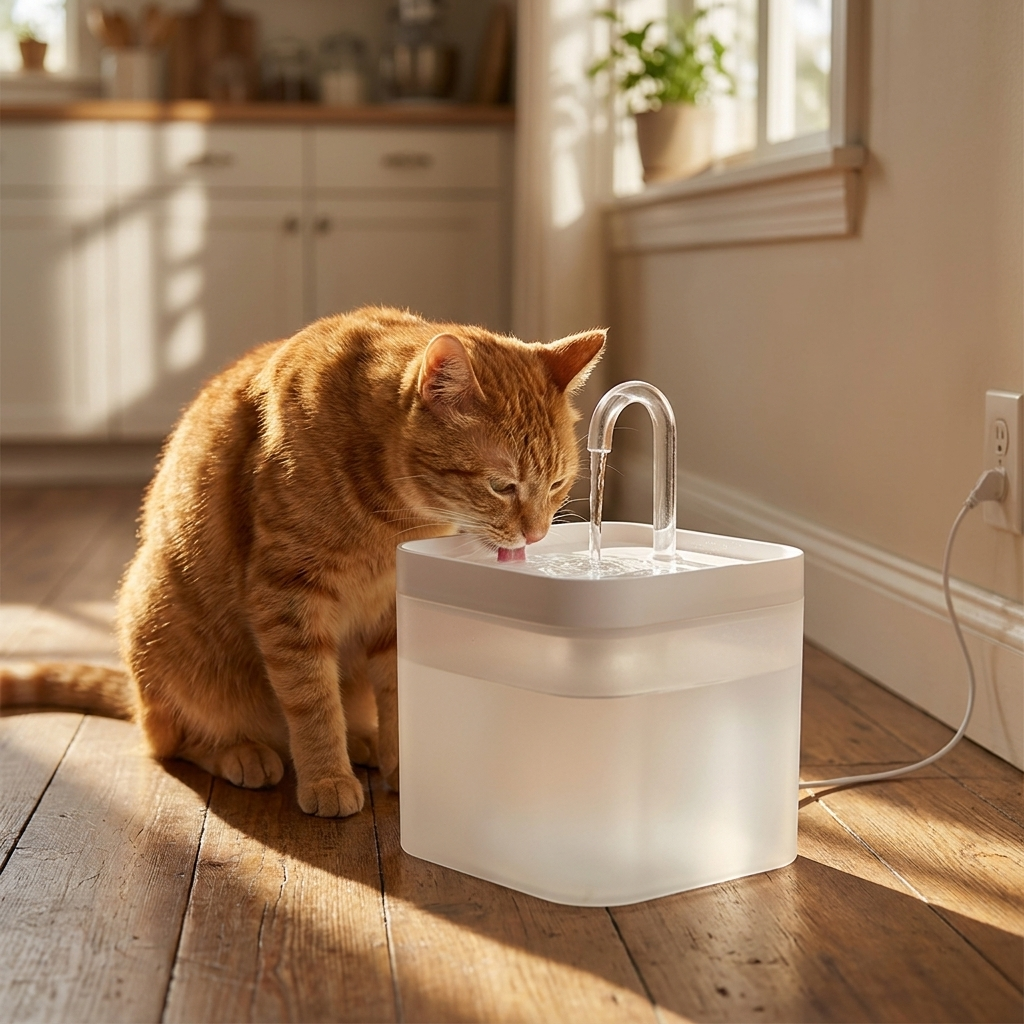 Ginger cat drinking from the Purelio fountain in a sunlit kitchen
