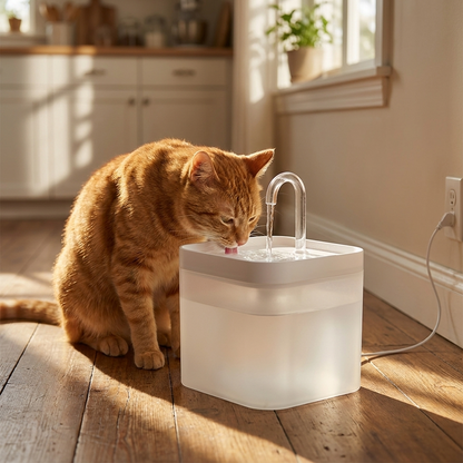 Ginger cat drinking from the Purelio fountain in a sunlit kitchen