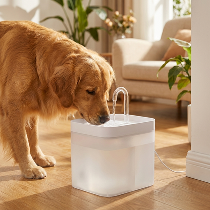 Golden retriever drinking from the Purelio fountain in a living room