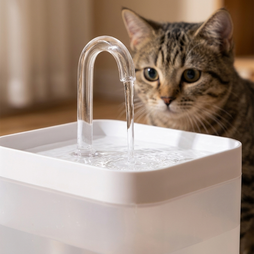 Close view of the clear arch spout pouring water into the fountain tray