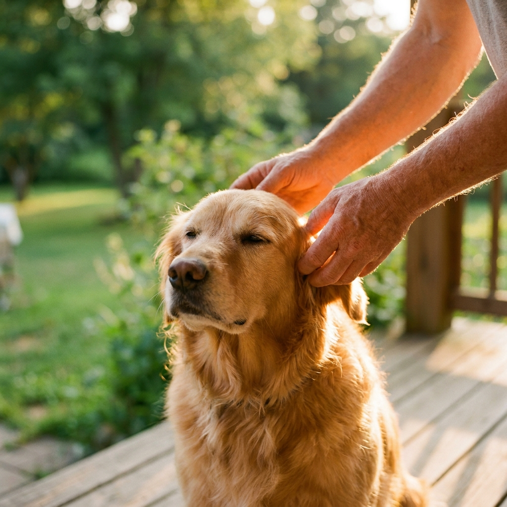 Hands scratching a happy golden dog's ears in warm light