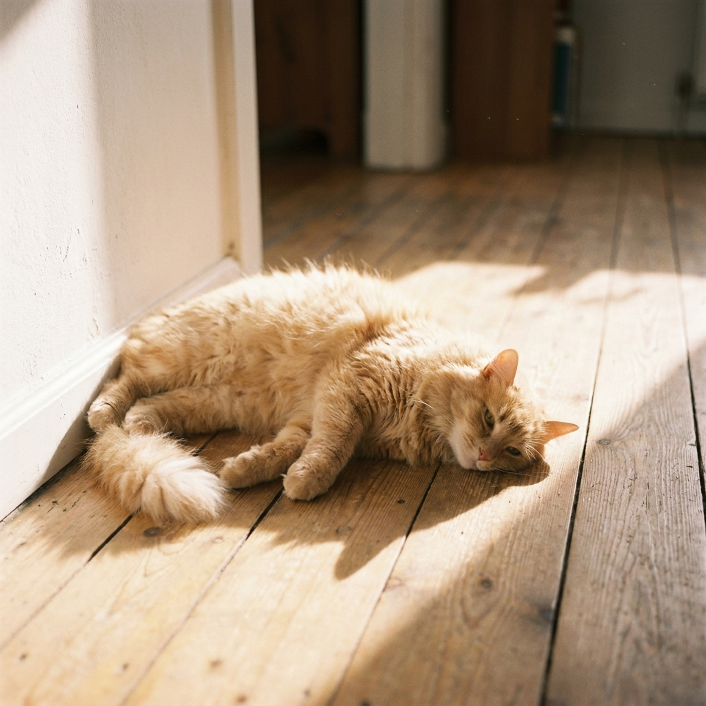 Ginger cat stretched out in afternoon sunlight on wooden floor