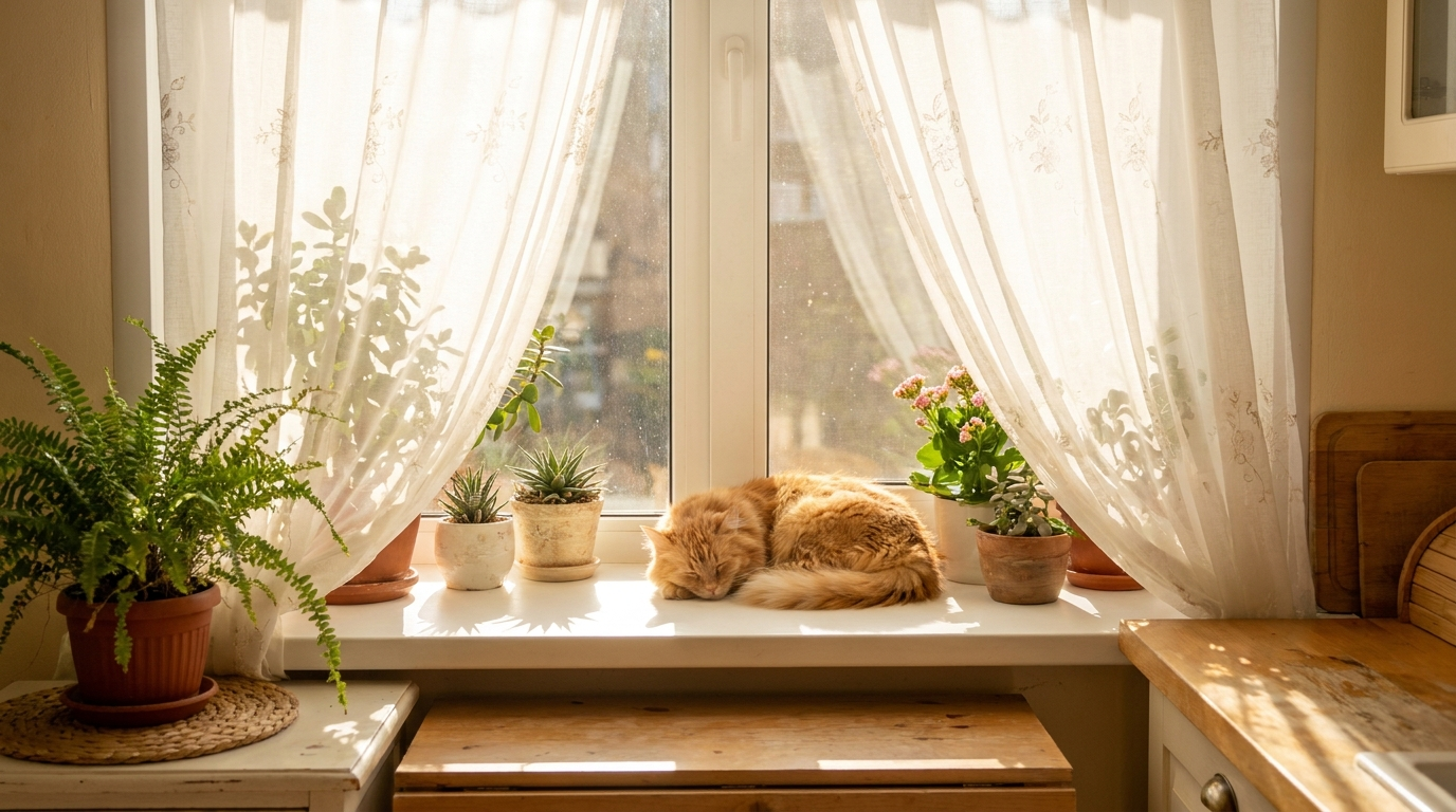 Kavellio brand banner, ginger cat asleep on a sunlit window sill